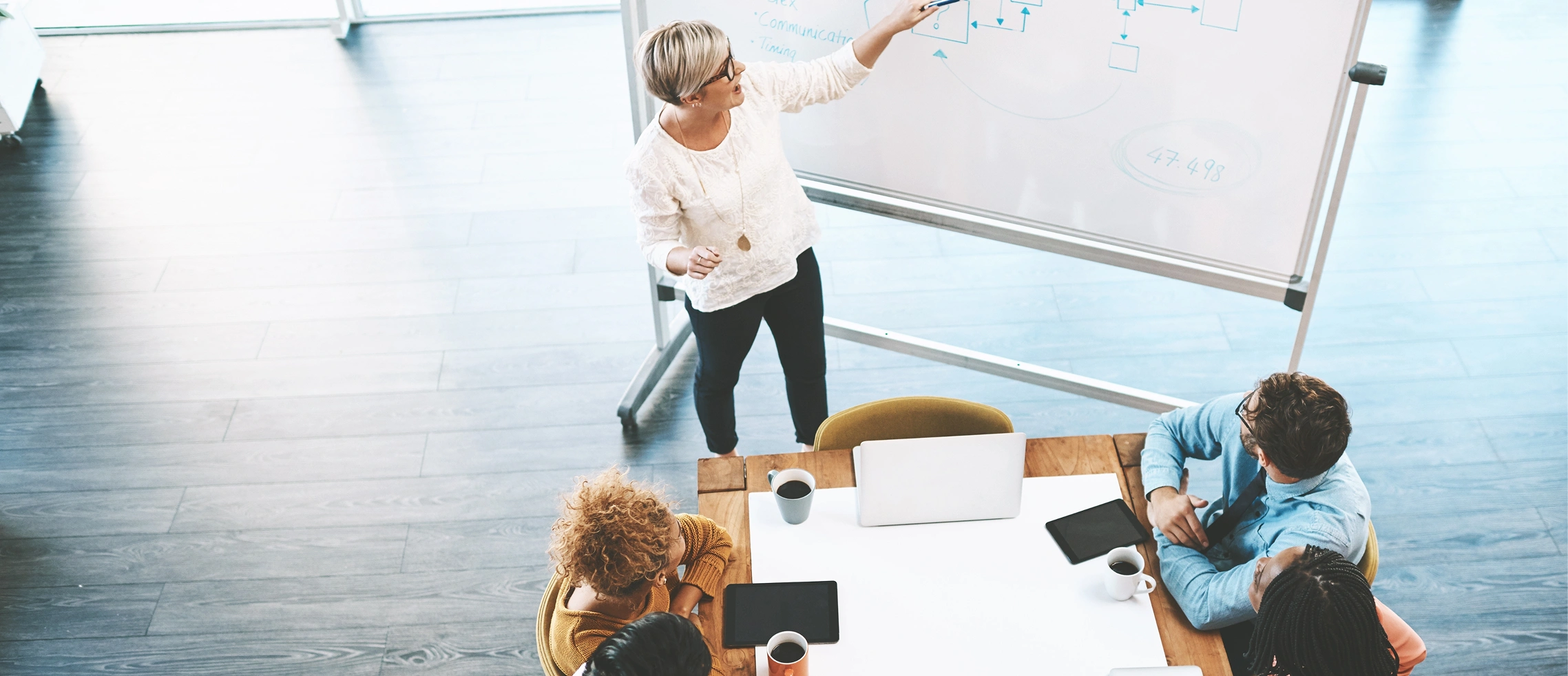 Overhead view of a team in a bright office: a woman in white points to a whiteboard diagram while colleagues gather around a wooden table with laptops and mugs.